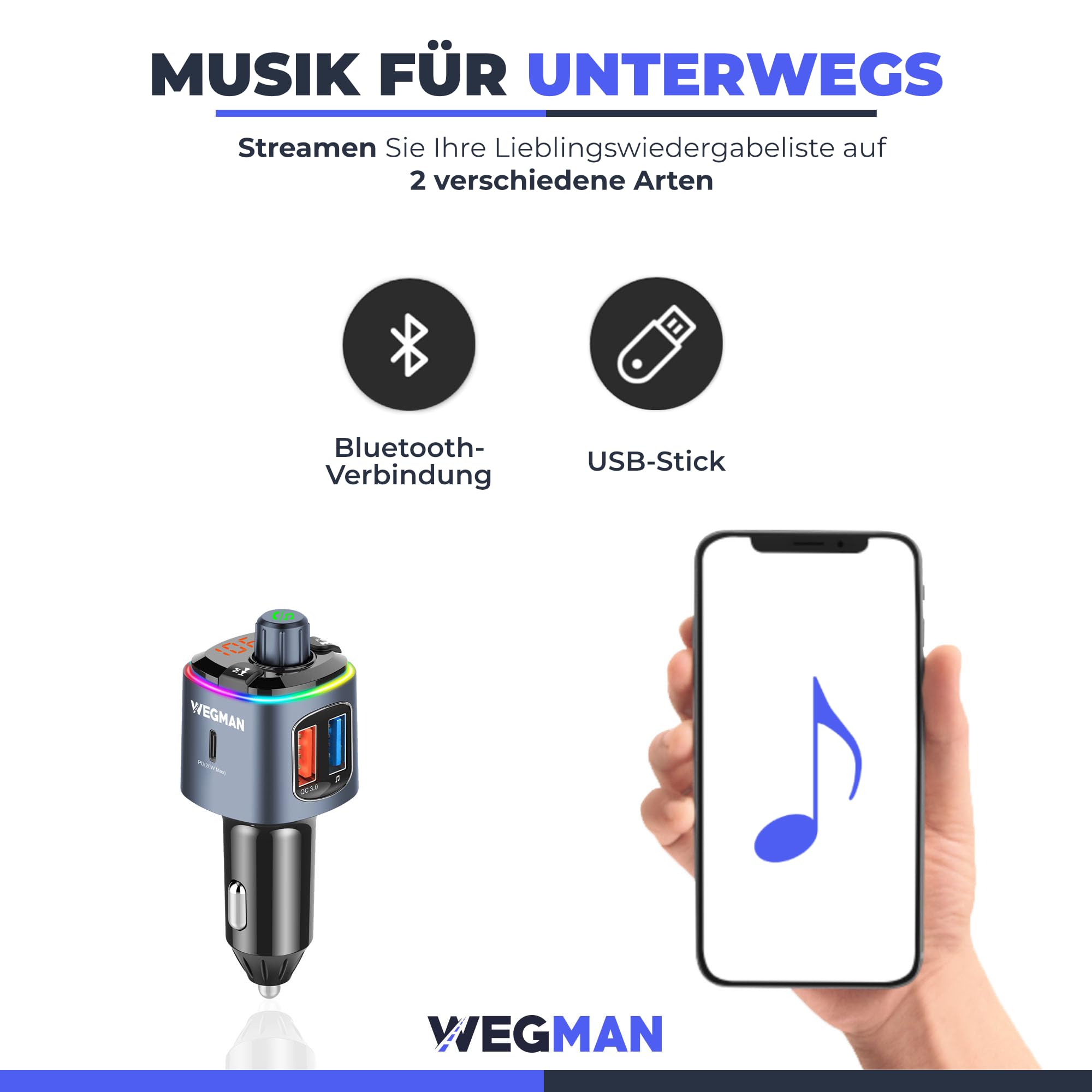 Wegman FM Transmitter Auto Bluetooth, Adapter für Autoradio, Zigarettenanzünder USB C 30W Autoladegerät, Freisprechanlage, Musik über Bluetooth & USB Stick