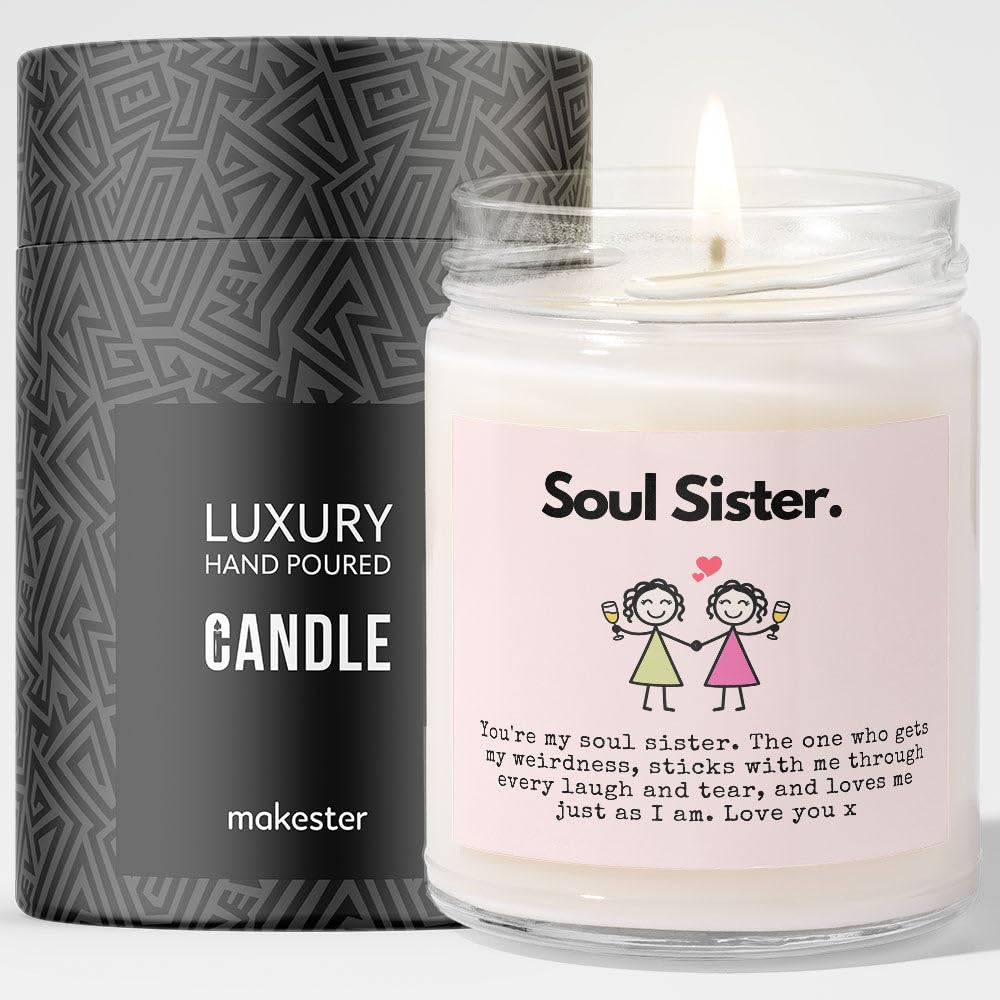 Soul Sister Gifts - Luxury Soy Wax Candle - Vanilla, Jasmine, Sugared Almond - Makester, White, 220g