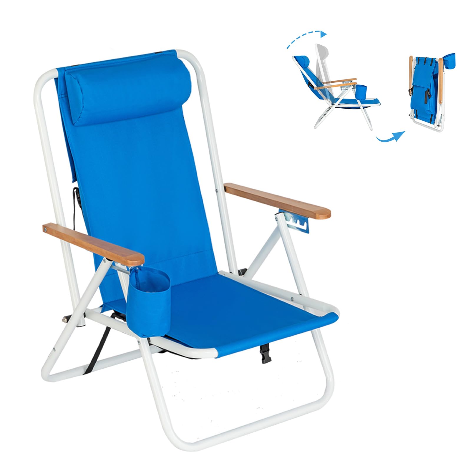 Backpack Beach Chair for Adults, Portable Camping Chair with Backpack Straps, Pillow and Cup Holder, Outdoor Lightweight Folding Lawn Camping Chairs