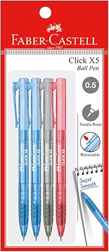 Faber-Castell Click X Ball - Paquete de 4 bolígrafos (0.50.028in, negroazulrojo) - Supersuave, agarre cómodo, resistente al agua, desarrollado con