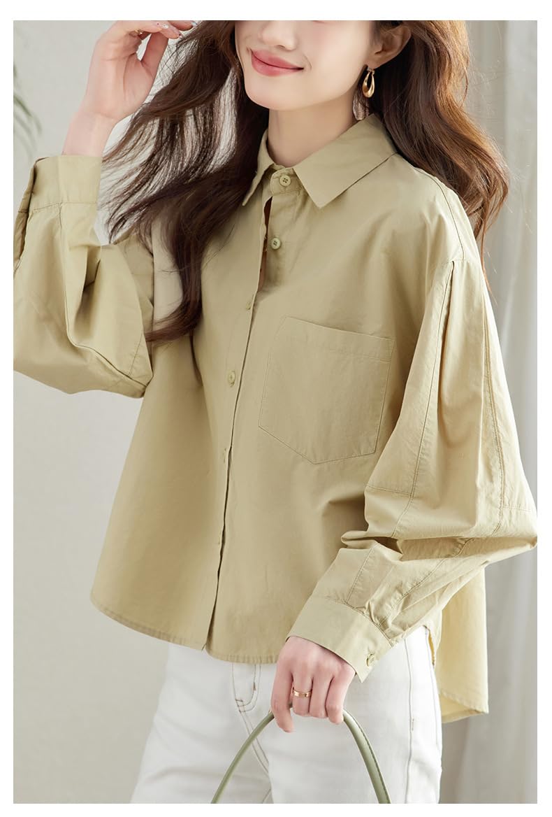 Camisas De Manga Larga De Algodón para Mujer, Blusa Tipo Túnica con Solapa, Botones, Dobladillo Irregular, Verde, con Bolsillo, Informal, Holgada, Elegante, para Verano