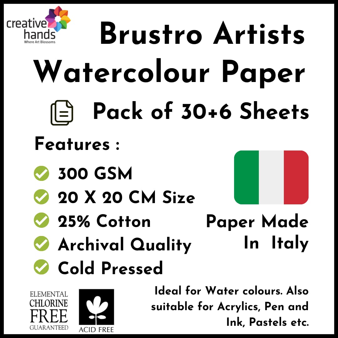BRUSTRO Artists 25% Cotton Watercolour Paper, Cold Pressed, 300 GSM, 20 x 20 cm (Pack of 30+6 Sheets) | Ideal for Watercolor,Acrylic,Gouache,Charcoal,Graphite,Ink & Other Mixed Media