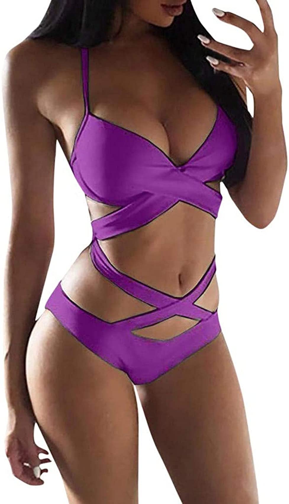 SACKDERTY Womens Ladies Swimwear Sexy Backless One Piece High Cut Swimsuit Push-up High Waist Halter Bikini Set Bathing Beachwear Brazilian Fashion Casual Swimming Costume Tankini