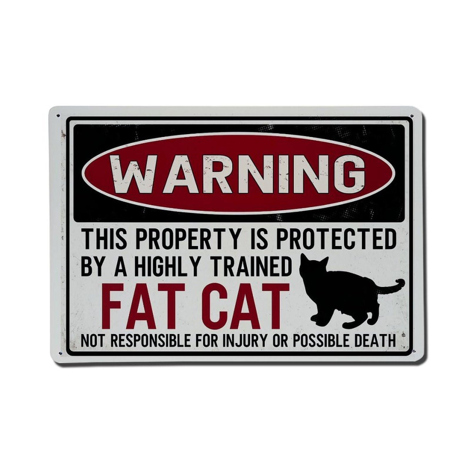 Warning Sign Fat Cat Protection Retro Metal Tin Sign, Vintage Metal Poster for Home, Gaming Room, Studio Workshop,Bar,Garage Wall Art Decor 8x12 Inch