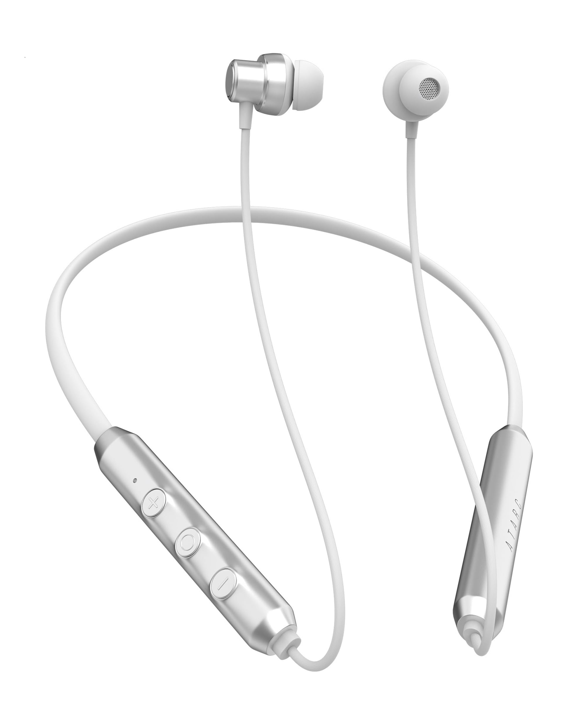 atarc wireless bluetooth neckband premium classic design, 20h+ playback, dual pairing, hd sound (silver)