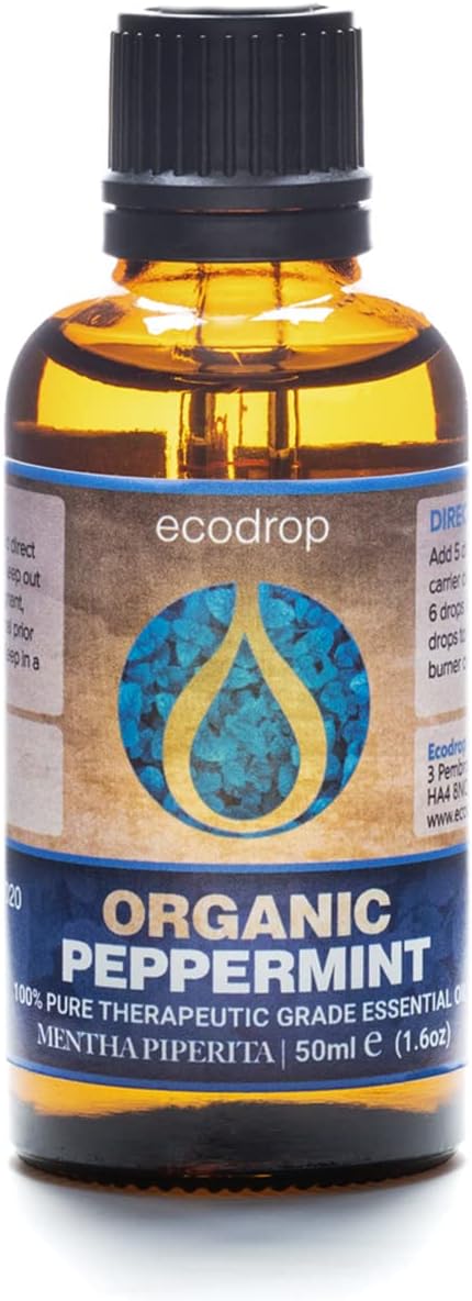 Ecodrop Peppermint Essential Oil I 50ml I Certified Organic and 100% Pure Essential Oils I Natural & Organic with Therapeutic Grade for Aromatherapy I Massage, Diffusers & Bath I e-Book Included