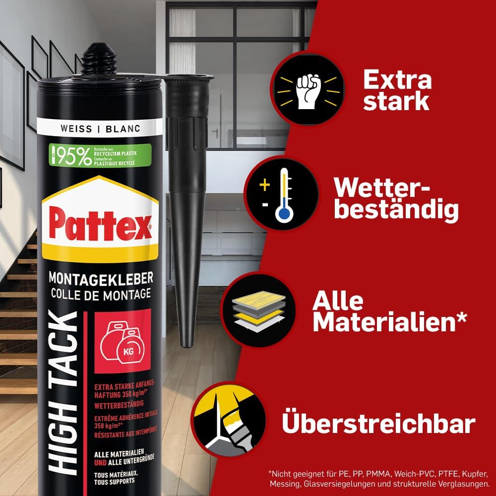 Pattex Montagekleber High Track, Kartusche, weiß, 6x 511g | Hochleistungs-Montagekleber mit starker Anfangshaftung – für schwerste Anwendungen
