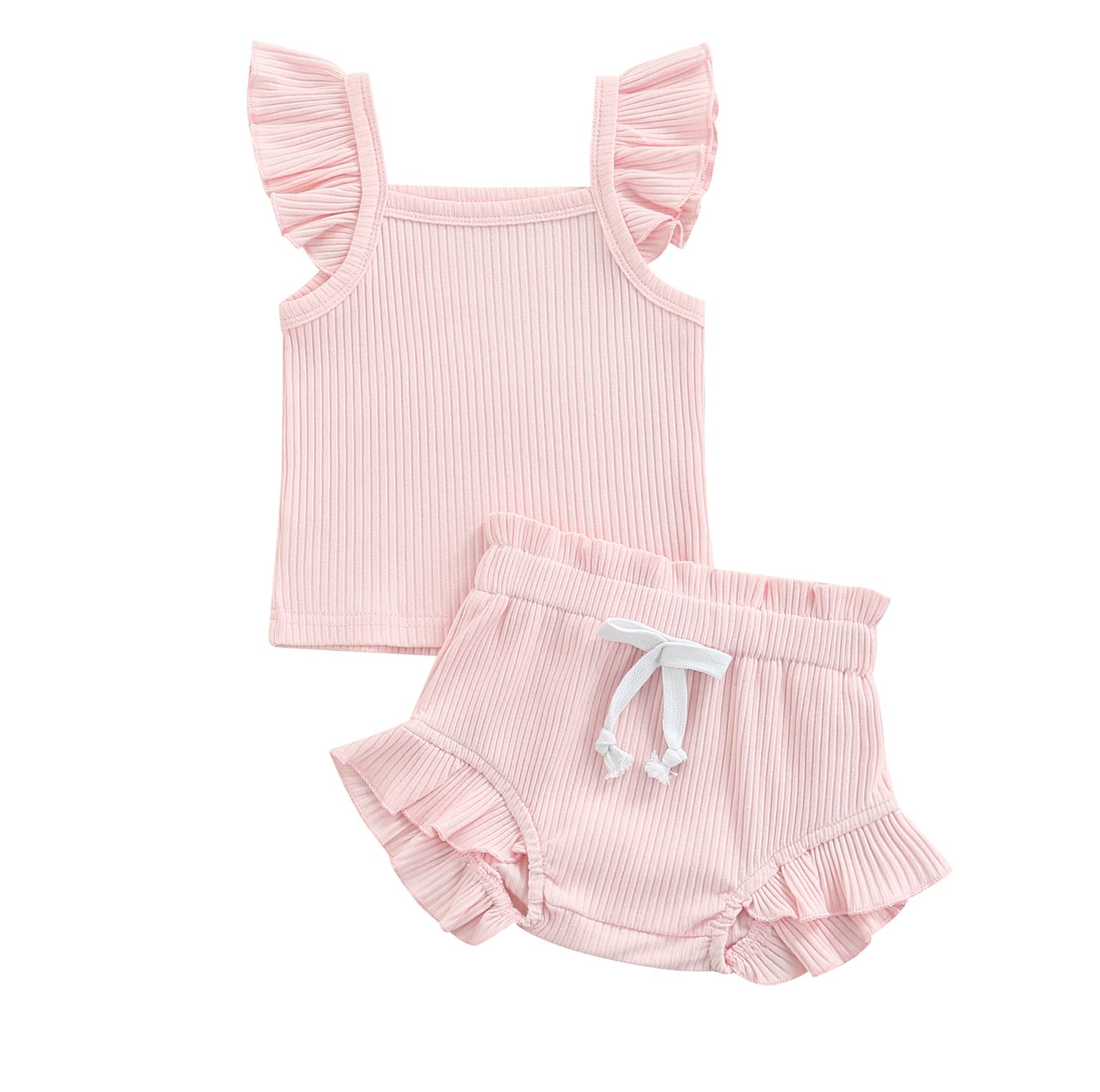 Toddler Baby Girl Summer Short Clothes Ribbed Ruffle Sleeve Tops+Elastic Drawstring Short Pants Two Piece Solid Outfit Set (A-Light Pink, 18-24 Months)