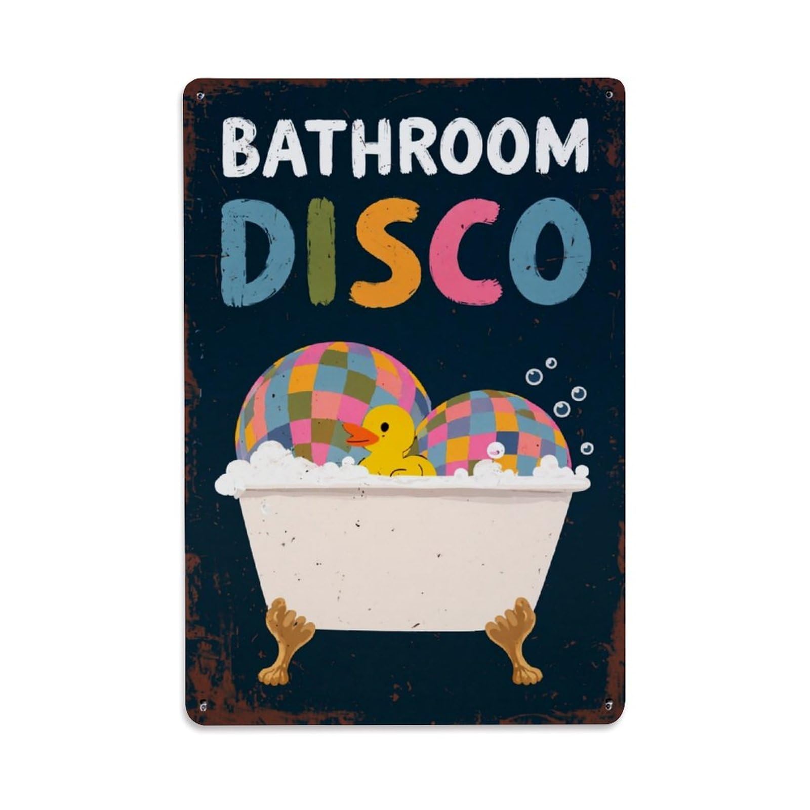 Bathroom Disco Duck Bath Foam Retro Metal Tin Sign, Vintage Decor Art Poster for Bar, Home, Man Cave, Kitchen, Laundry Room Gift 8x12Inch