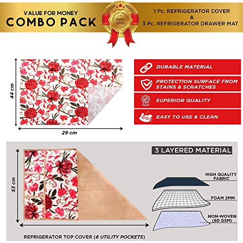 Image of Combo Set of 1 Pc Fridge Top Cover With 6 Utility Pockets and 3 Pc Fridge Mats (Red, Set of 4)