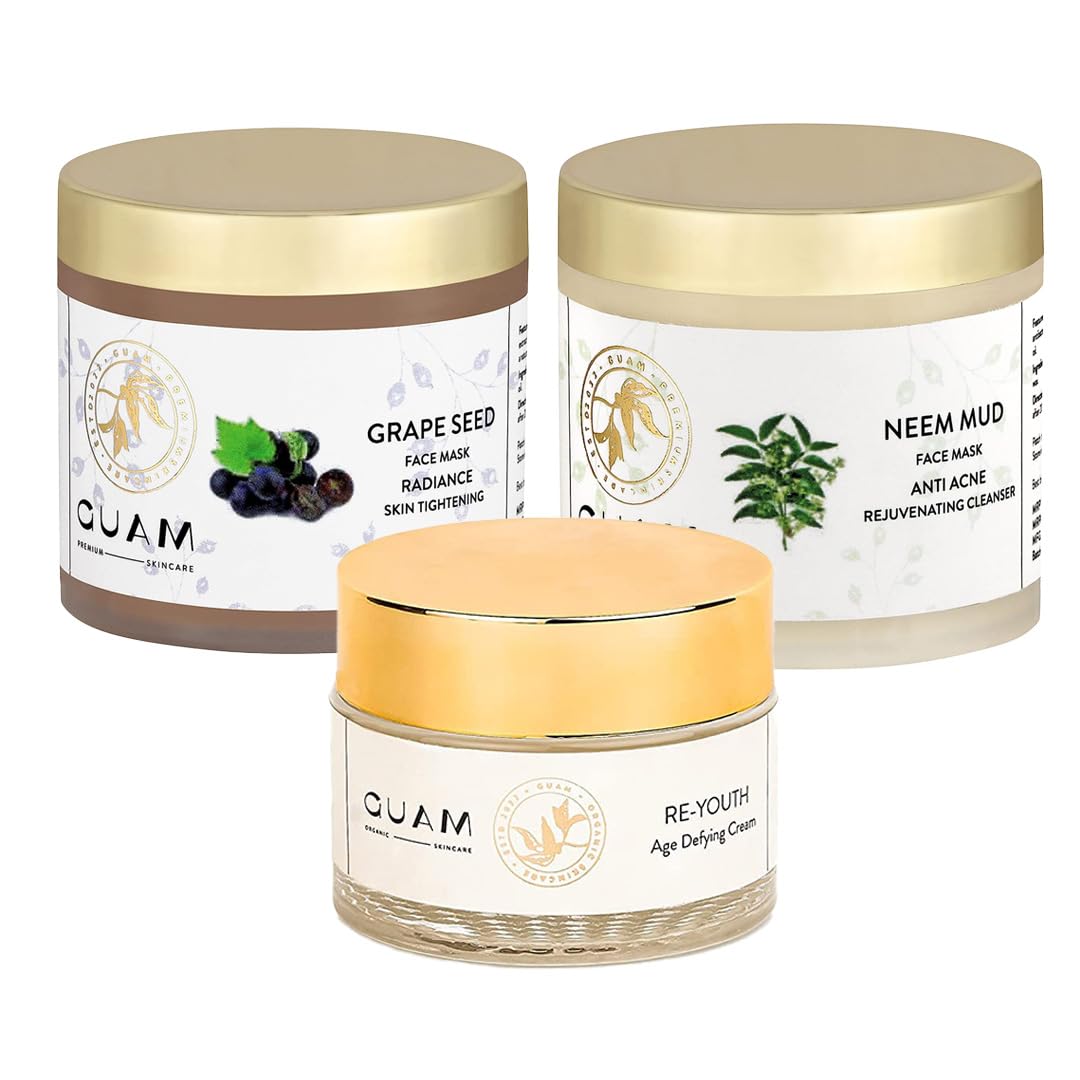 Guam Revitalizing Skincare Trio | Grape Seed Face Mask, Neem Mud Face Mask, and Re Youth Face Cream | Unveil Your Radiant Complexion | Flirty Glow Beetroot Lip Balm, 15 gm Free