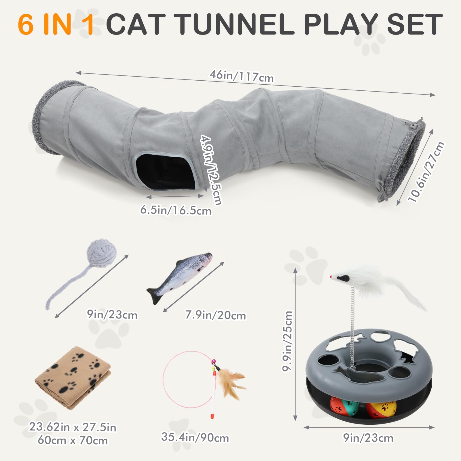 YGJT Tunnel pour chat d'intérieur pour chat adulte, chaton pour l'ennui | Jouets interactifs pour chats avec balles rotatives, baguette à plumes, poisson, couverture et balle, accessoires pour chat