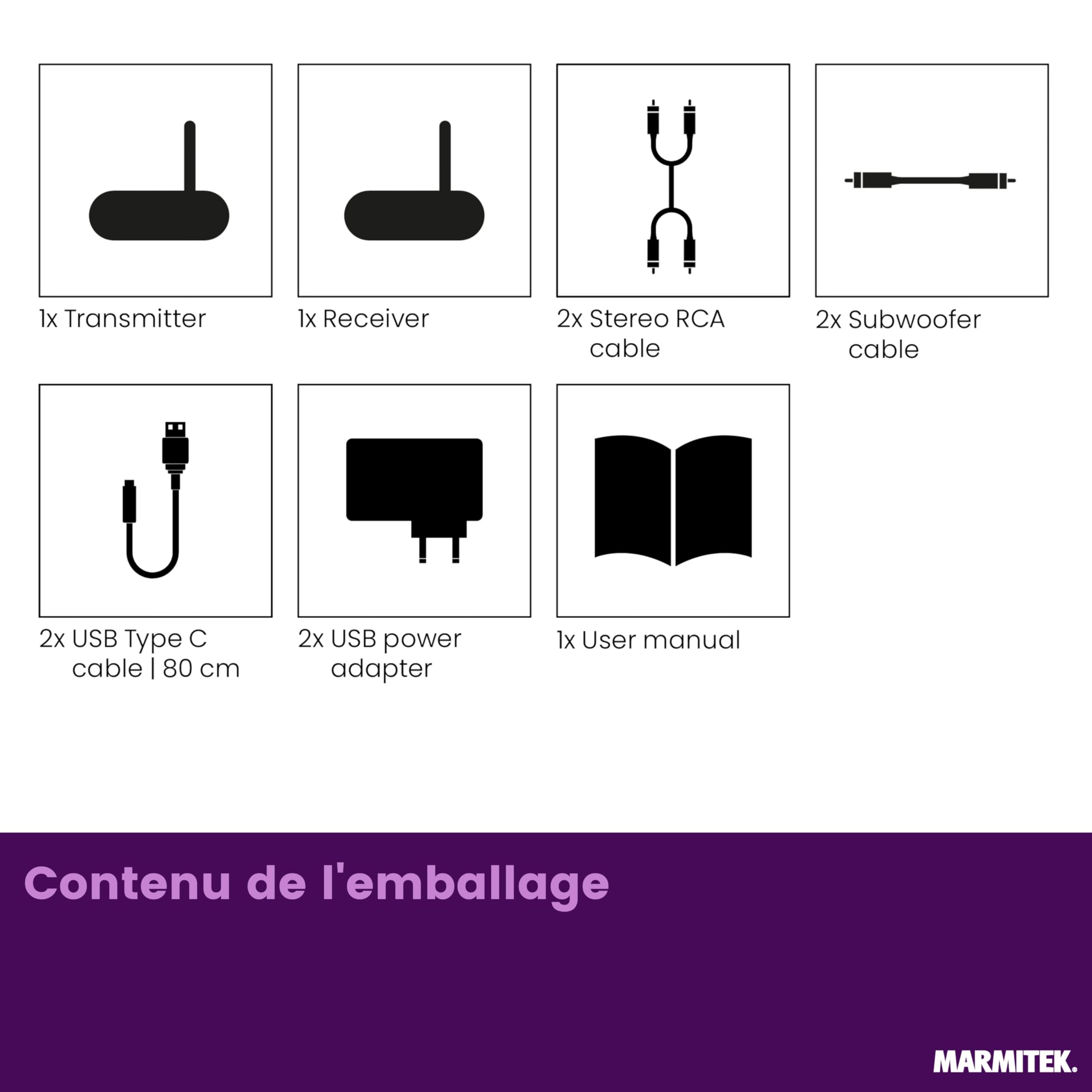 Marmitek WS400 - Kit subwoofer sans Fil pour Caisson de Basses Actif | Transmission numérique RCA/LFE 2,4 GHz pour caisson de basses sans fil, faible latence, home cinéma, Plug & Play et USB-C