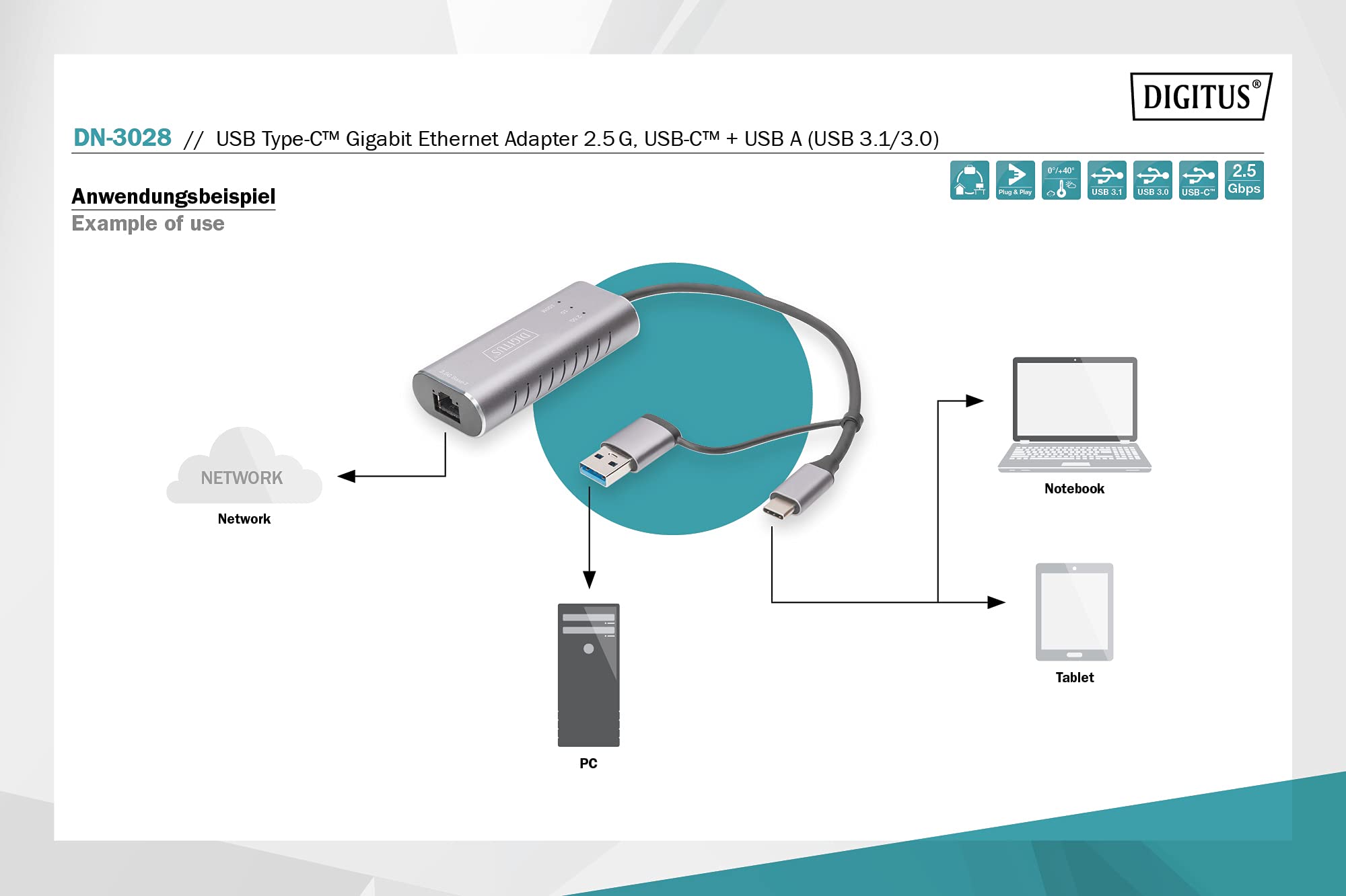 DIGITUS Adapter sieciowy USB - 2,5 Gbit/s - RJ45 do USB-C 3.1 - wraz z adapterem typu A - pełny dupleks - Auto MDI-X - szary