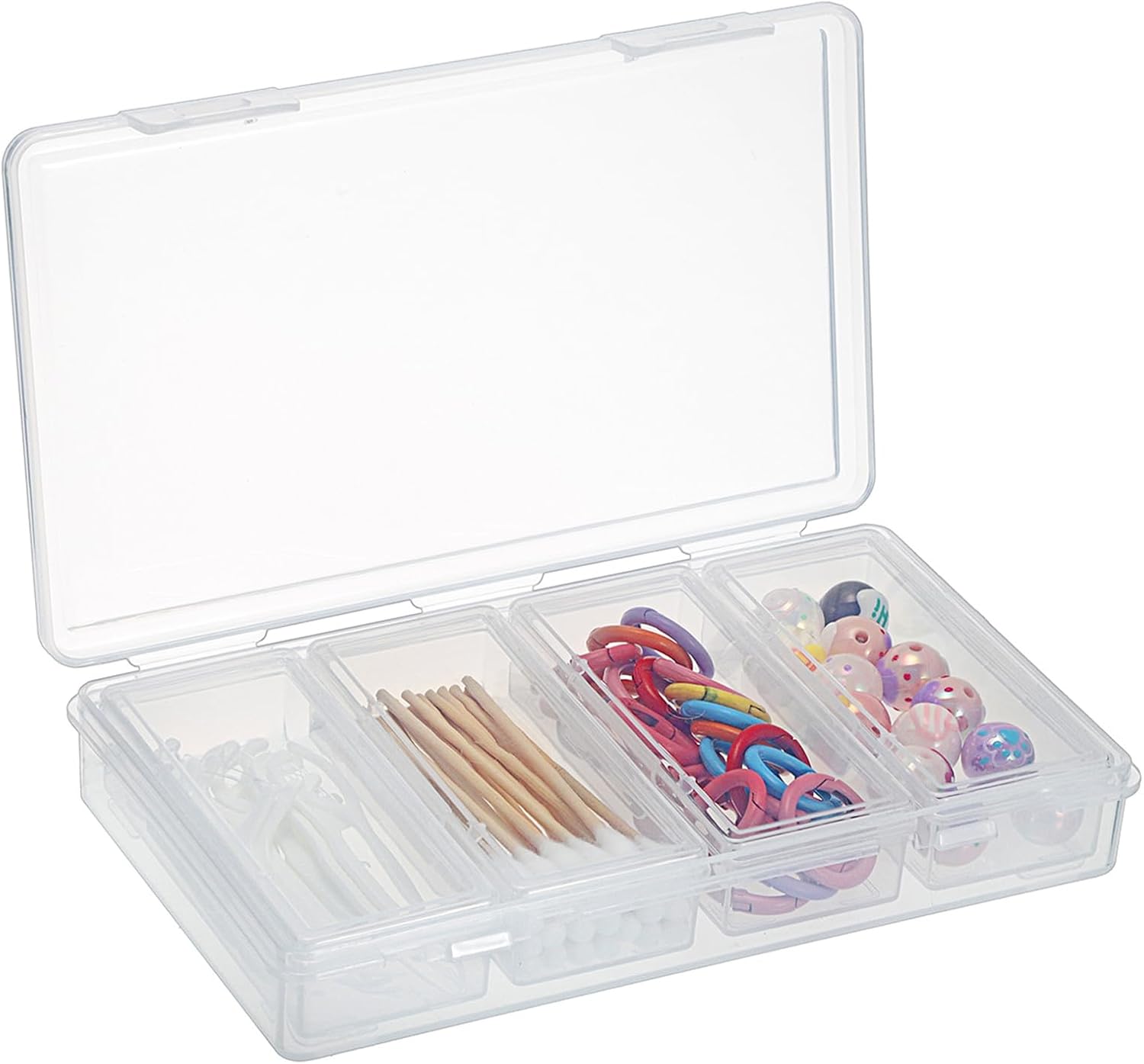 OwnMy 4 in 1 Portable Travel Cotton Swab Holder, Travel Floss Pick Holder Case Floss Dispensers, Small Clear Plastic Storage Organizer Containers for Cotton Balls & Pads, Hair Ties & Pins