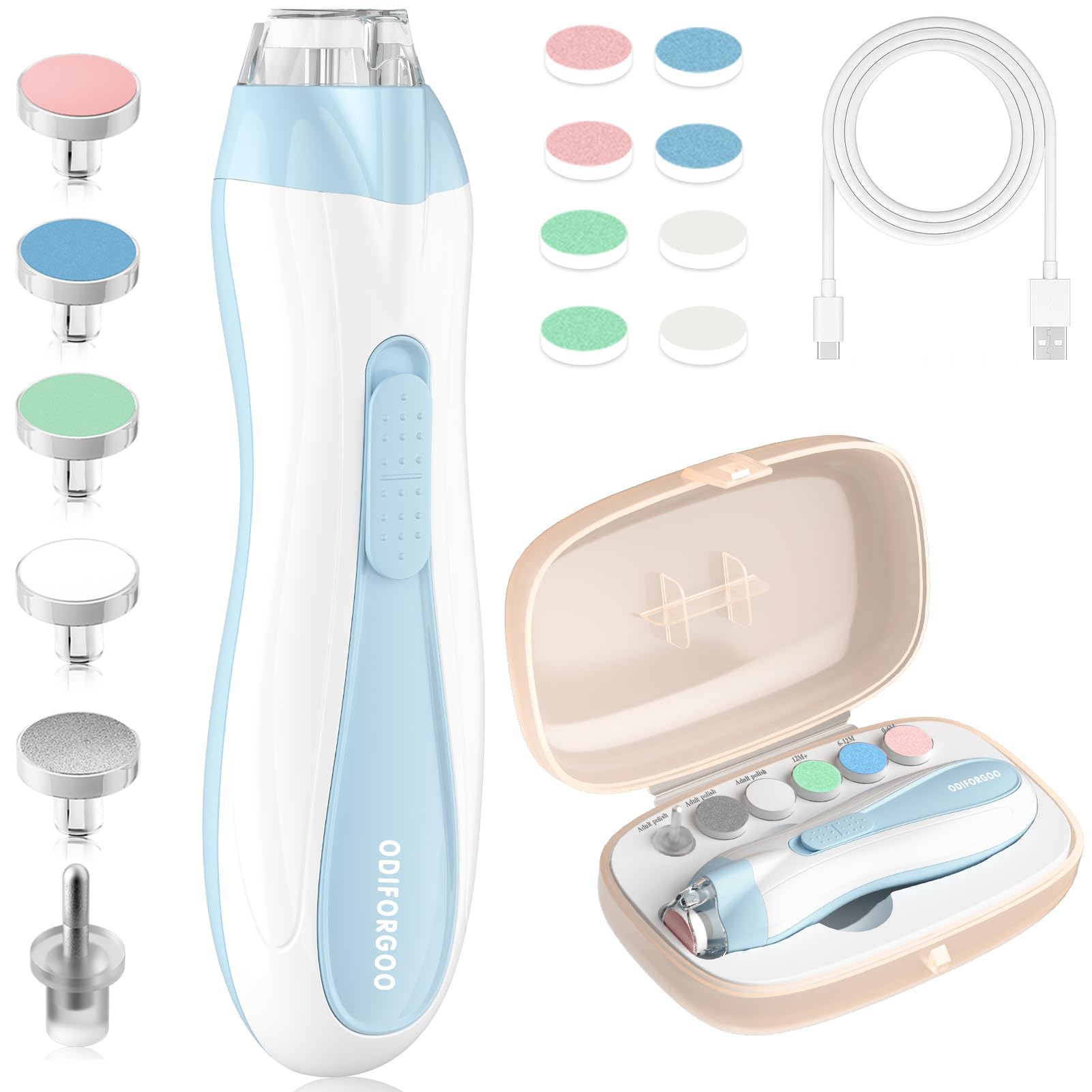 ODIFORGOO Baby Nail Trimmer Electric Baby Nail File,USB Charging 15 in 1 Nail Clippers kit with Dust Cover LED Light,Trim Buffer Kit for Newborn Infant Toddler or Adults Toes Fingernails Care?Blue?