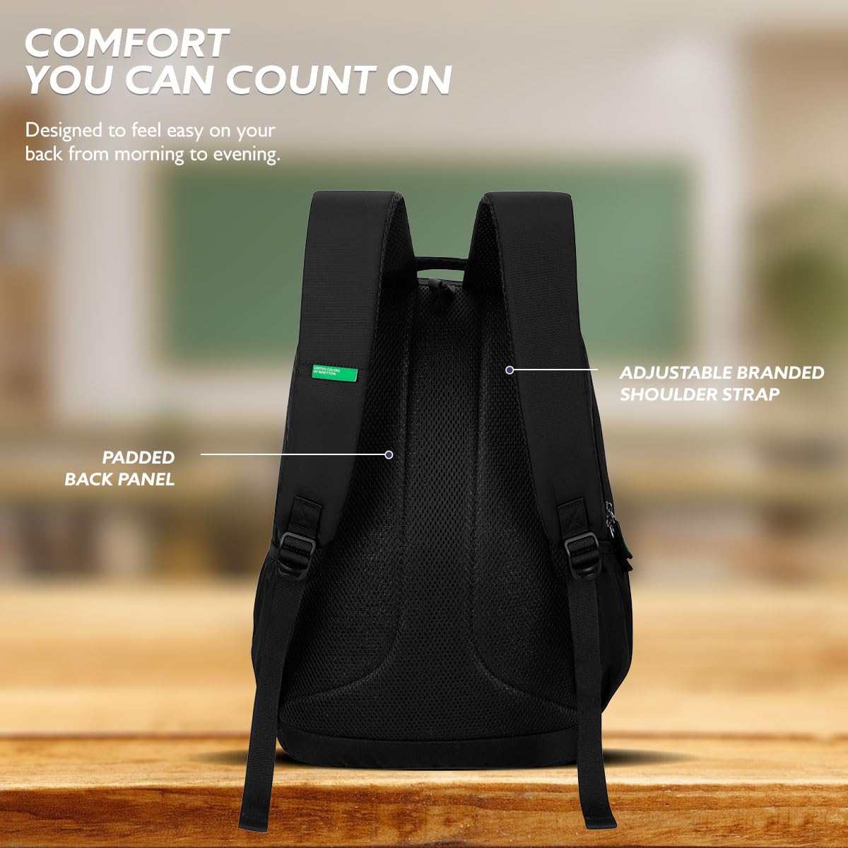United Colors of Benetton Unisex High-School Backpack LEGEND - Black | 3-Compartment | Large Capacity Bag with Airmesh Padding | Backpack for School Girls and Boys | 28L Capacity 3
