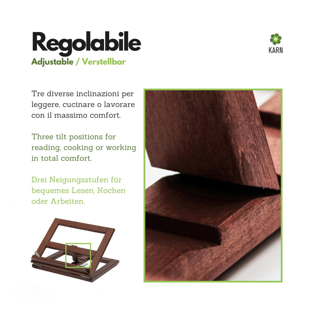 Karn Nabucco – Leggio Pieghevole in Faggio Massello – Regolabile in 3 Inclinazioni con Ferma Pagina – Supporto per Ricettario, Tablet, iPad o Lettura da Tavolo – Made in Italy