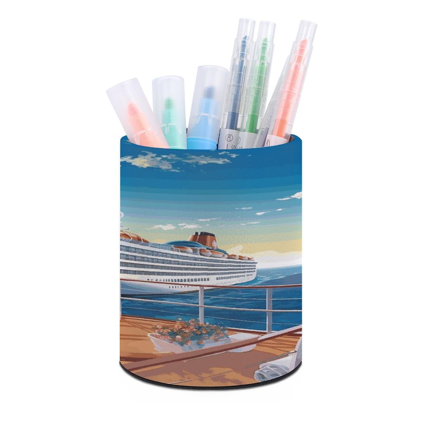 LDGSUPH Summer Sea Cruise Round Pen Holder Leather Pen Cup Pencil Cup Pen Organizer Pencil Holder for Desk Organizer Pencil Organizers Makeup Brush Holders for Home Office Gift