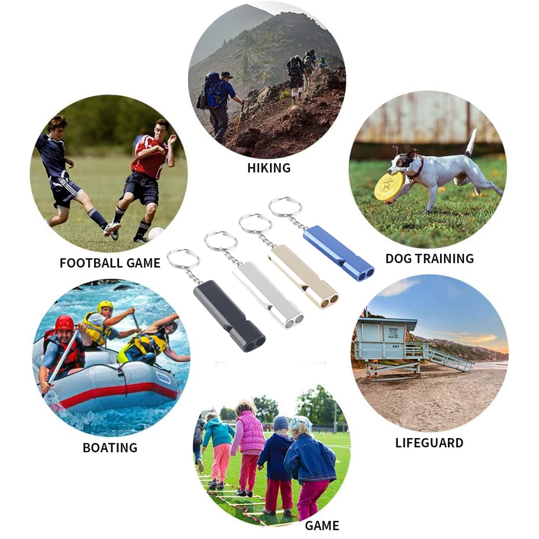 Set De 4 Sifflets De Survie CRLLDPM – Double Tube Métal 150 DB, Porte-clés Inclus – Or, Noir, Argent, Bleu – Pour Camping, Randonnée, Sport, école, Chien