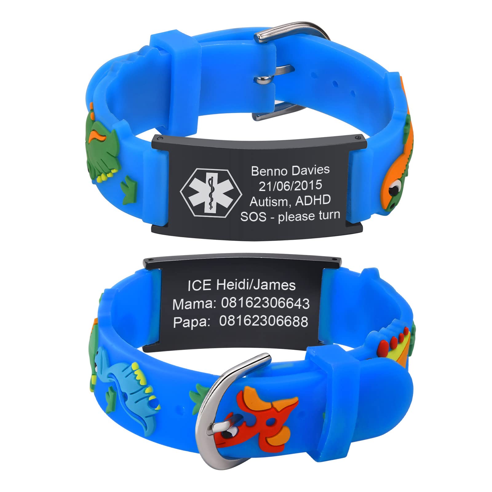 FLHEART Kids Bracelet Safety ID Wristbands - Personalised Black ID Medical Alert Bracelets with Blue Silicone Cartoon Pattern, Outdoor Anti-Lost Wristband with Emergency Contact For Child Boys Girls