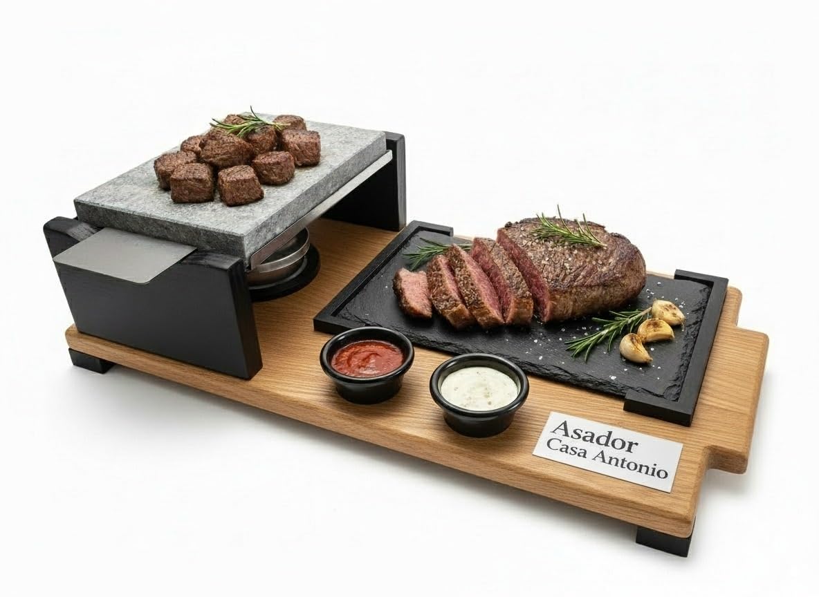 PIEDRASAR Piedra Volcánica para Asar, 15x20 cm, Set con Plato de Pizarra, Quemador de Alcohol y Salseros, Base de Roble