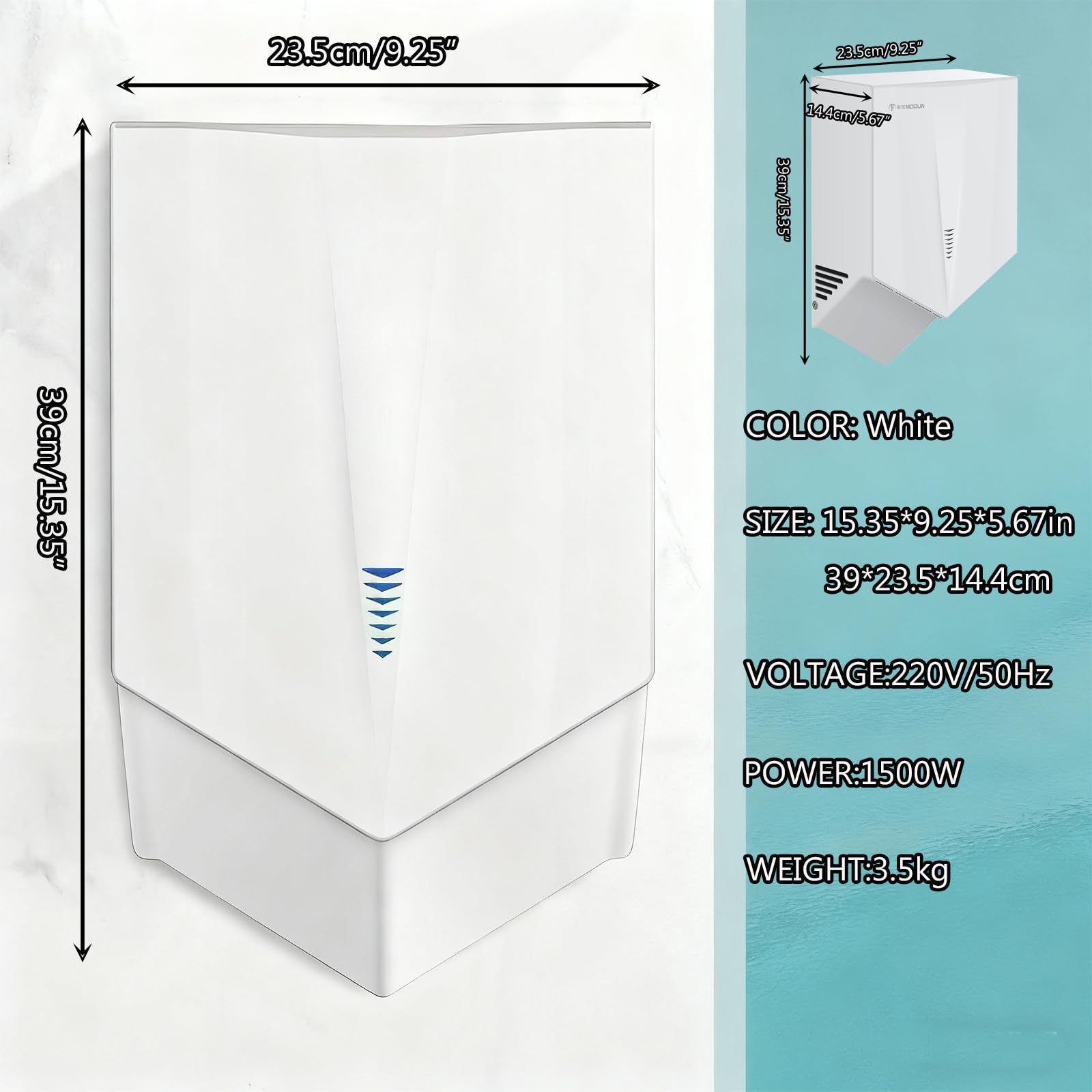 Seche Main Electrique Mural, Sèche-Mains Professionnel, 1500W, Ventilation Rapide, Capteur Infrarouge, IPX1, Idéal pour Restaurants et Magasins White