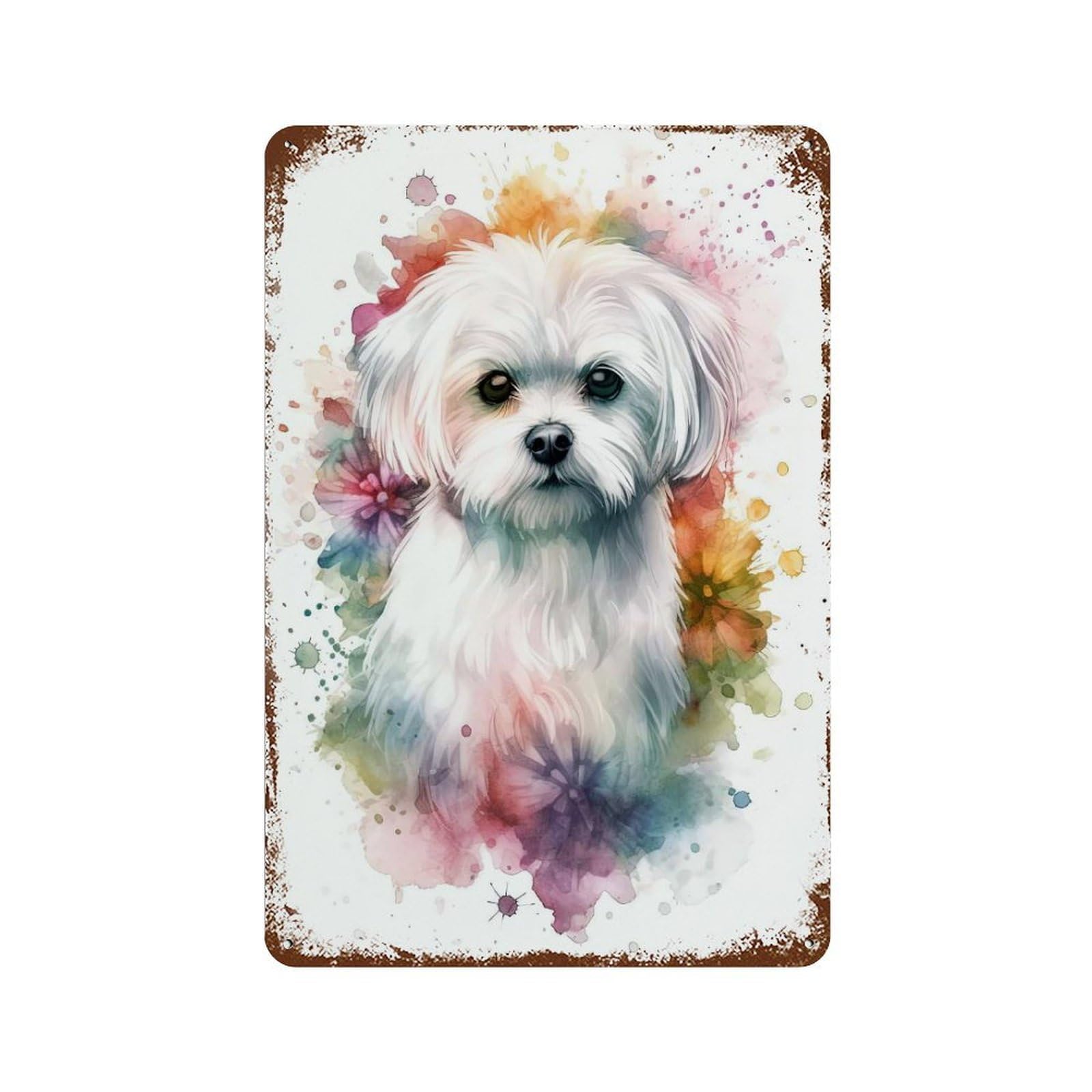 Rust Effect Watercolor Maltese Dog Aged Metal Wall Plaque 11.8"x7.9", Shabby Chic Decor for Living Room, Hallway And Home Decor