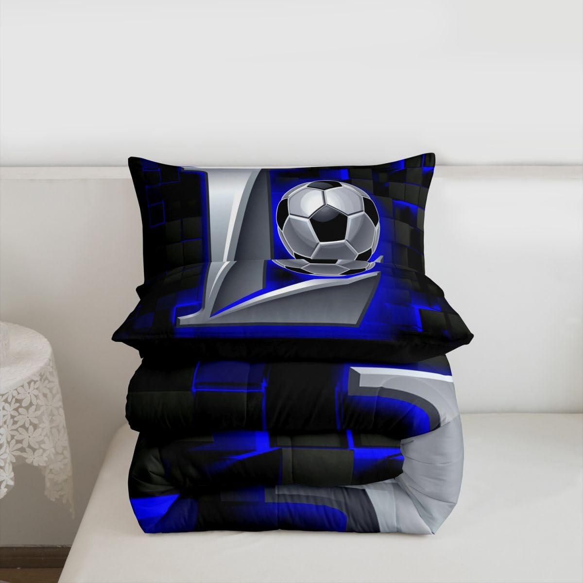 Homewish Piłka nożna pojedyncza kołdra zestaw - piłka nożna litera L zestaw pościeli neonowa czarna niebieska gra w kratkę zestaw kołdry - gry sportowe bez przykrycia kołdra z 1 poszewką na poduszkę s
