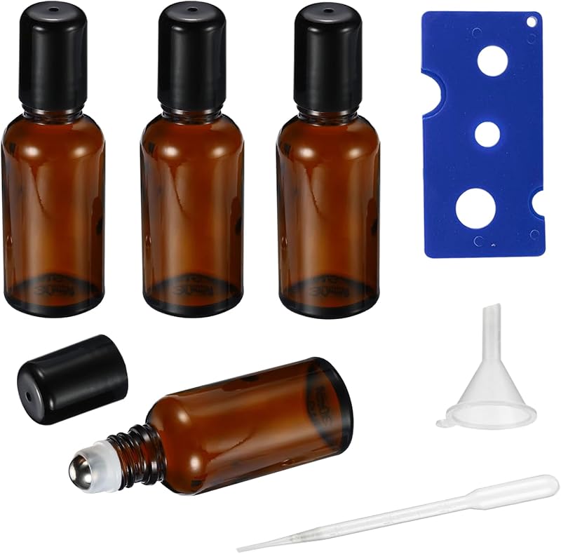 Frascos roll-on de vidro âmbar HEYLEAYAR 20 mL com esferas de aço inoxidável, funil, abridor e conta-gotas, pacote com 4