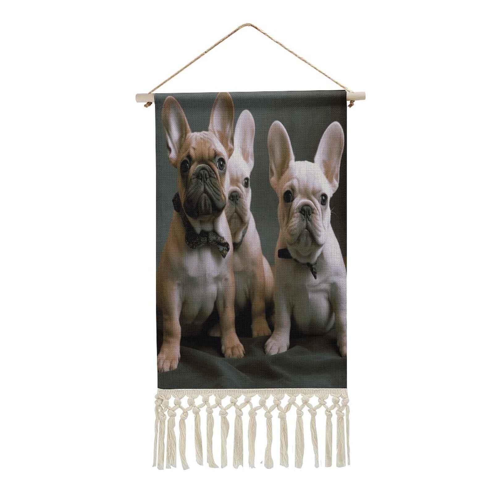 VstaDank French Bulldog Puppies Wall Art Decor with Tassels 20"x10" Cotton Linen Hanging Tapestry Decor Wall Art Prints Wood Frame Boho Wall Art Poster for Bedroom Living Room Office