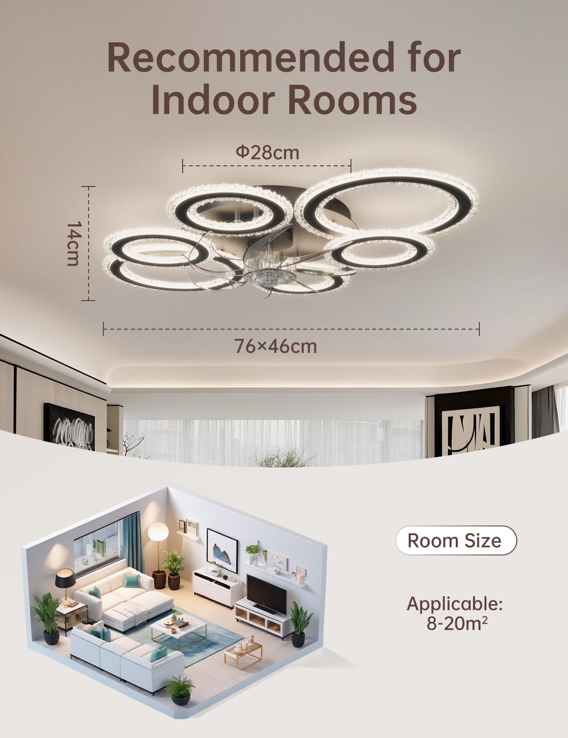 Deckenventilator mit Beleuchtung Smart und Dimmbar, Alexa & App Steuerung via Bluetooth (Kein WLAN), 6 Ring Deckenlampe mit Ventilator und Fernbedienung für Wohnzimmer, Schlafzimmer, Schwarz