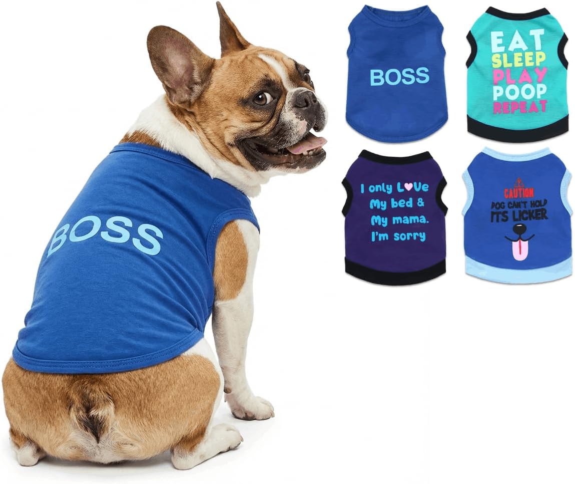 4 Packs Small Dog T Shirts for Boys Dogs Summer Puppy Clothes | funny chihuahua yorkie dog tshirt, blue cooling vests, stretchy brethable fabric, machine washable