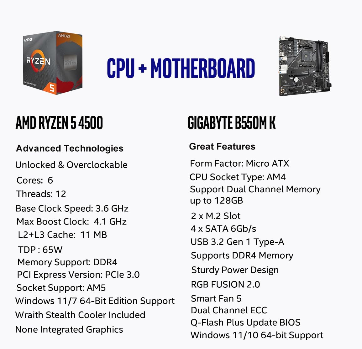 Micro Center AMD Ryzen 5 4500 Desktop Processor with GIGABYTE B550M K Motherboard (Micro-ATX, DDR4, Dual M.2, SATA 6Gb/s, PCIe 4.0)