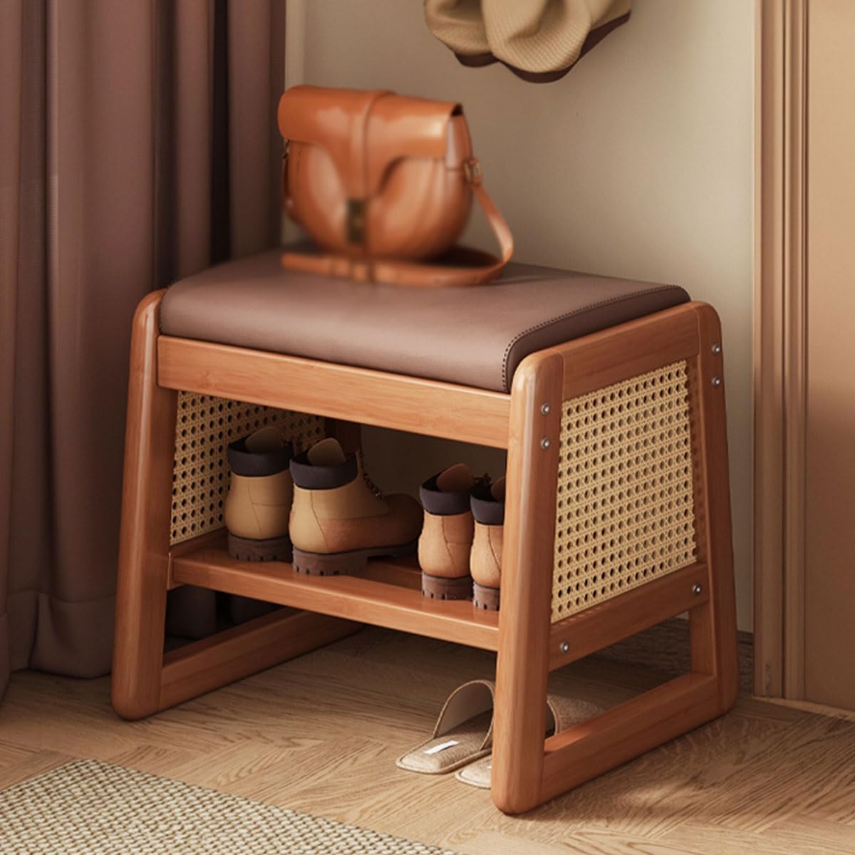 Banc à chaussures en bois massif marron 50cm avec assise en similicuir