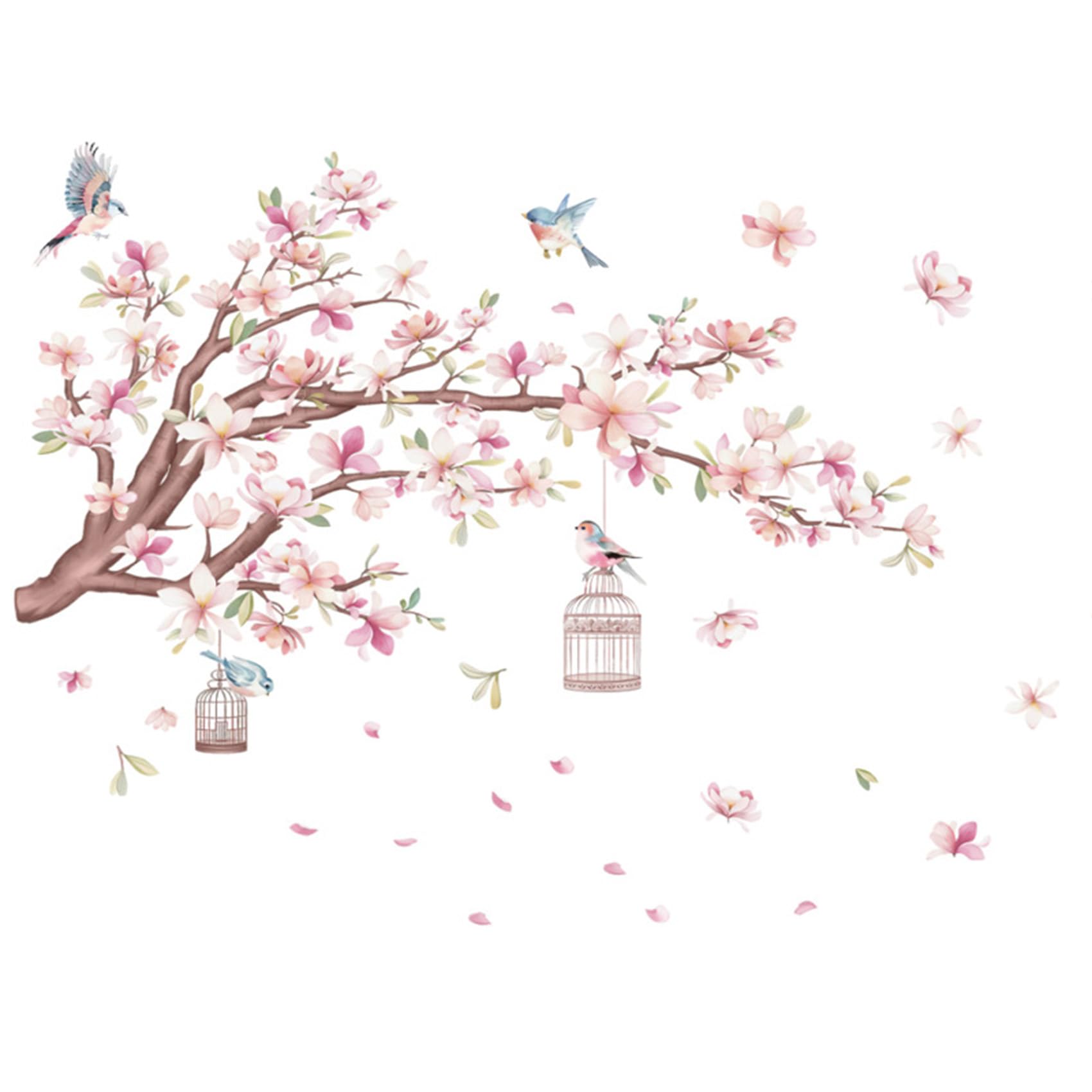 Cherry Blossom Flowers Wall Decals Decor Vinyl Stickers, Magnolia Floral Tree Branch Birds Wall Art Murals, Flower Pattern Wall Stickers for Girls Bedroom Living Room Nursery Decor