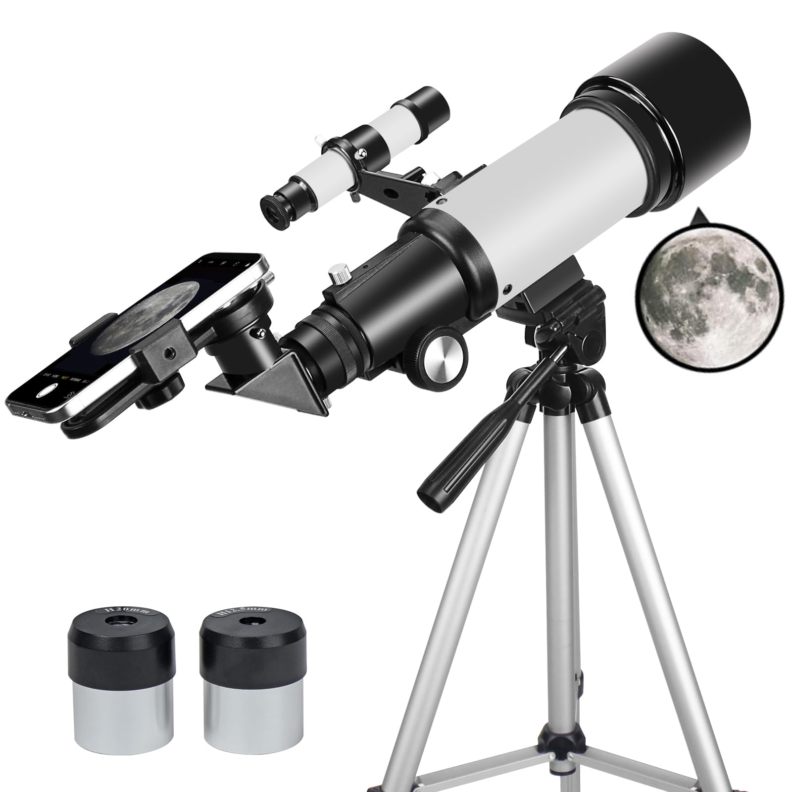 Telescope for Adults Beginners, 70mm Aperture 400mm AZ Mount Fully Multi-Coated Optics Refractor Portable Telescopes, Travel Telescope with Tripod Phone Adapter (White)