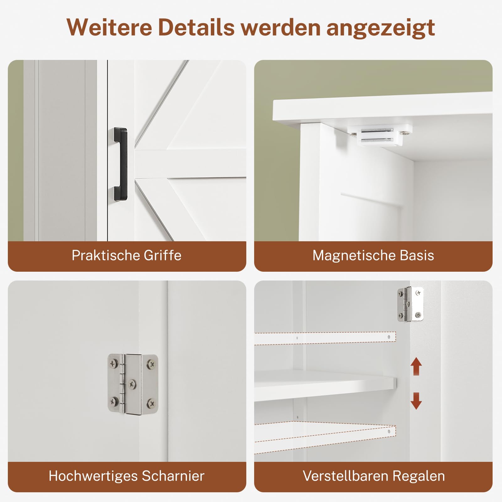 TEENFON Küchenschrank, 4-türiger Mehrzweckschrank & Buffetschrank mit 6 Einlegeböden und 2 Türfächern, platzsparender Vorratsschrank für Küche, Wohnzimmer, Esszimmer, Bad, 130 x 60 x 30 cm, weiß