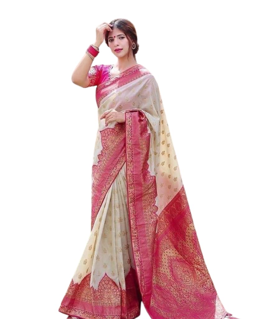 Women's Elegant Banarasi Silk Saree with Temple Border Gold Zari Butti Work & Brocade Pallu Indian Ethnic Wear 5.5 Meter Saree 0.8 Meter Unstitched Blouse Piece_white-pink-image-47