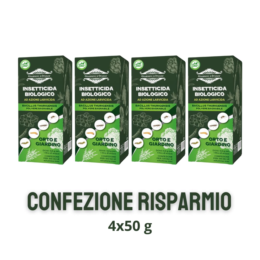 GIARDINI D'ITALIA - Insetticida Piante Biologico per Orto e Giardino a Base di Bacillus Thuringiensis, Insetticida in Polvere Bagnabile Contro Larve e Parassiti - Uso Professionale e Hobbistico, 4x50g
