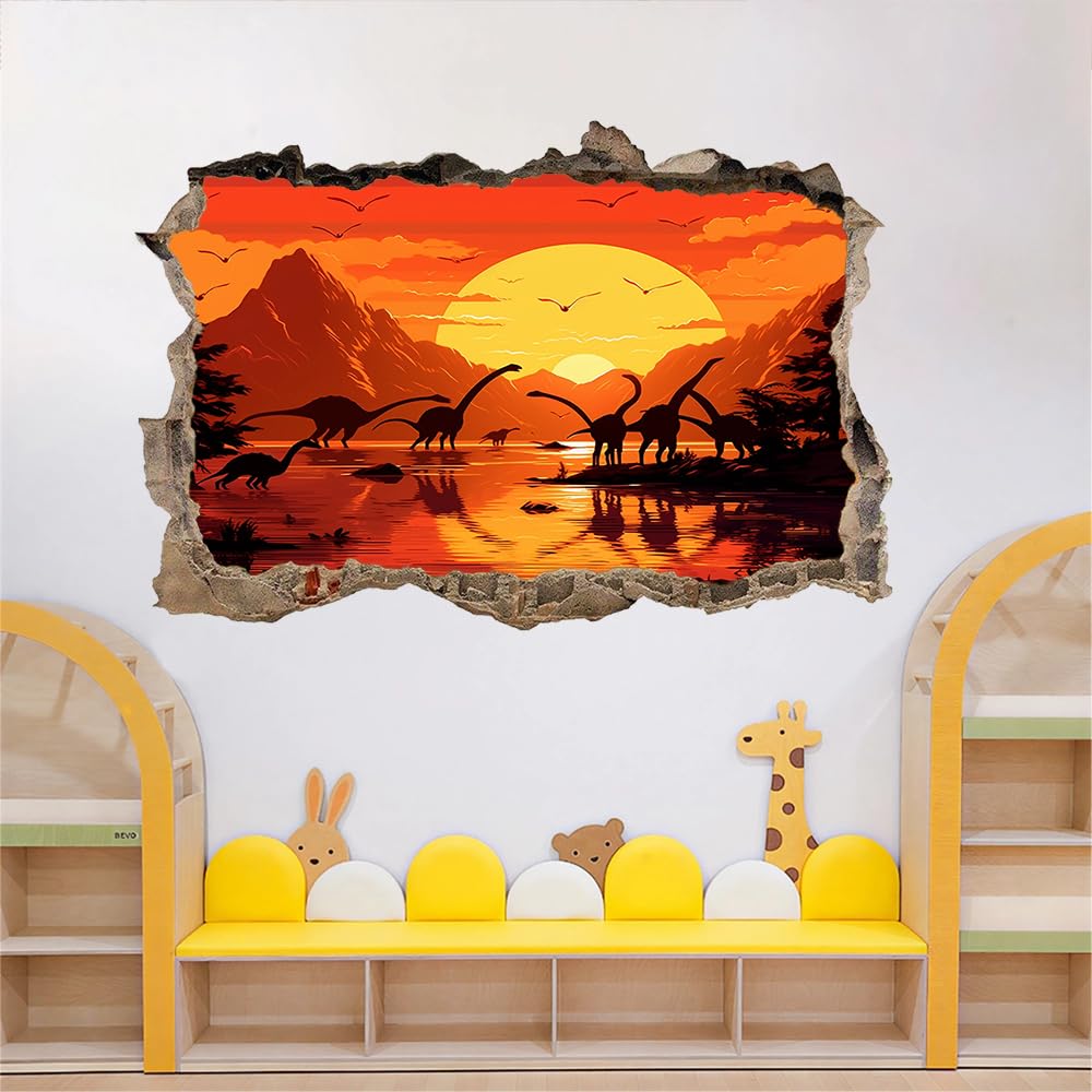 3D Wandtattoo Wanddurchbruch, Sonnenuntergang Am Dinosaur Lake Durchbruch Wandaufkleber für Kinderzimmer, sticker für Wohnzimmer, Naturlandschaft Wandsticker, Wandbild Junge Mädchen Schlafzimmer