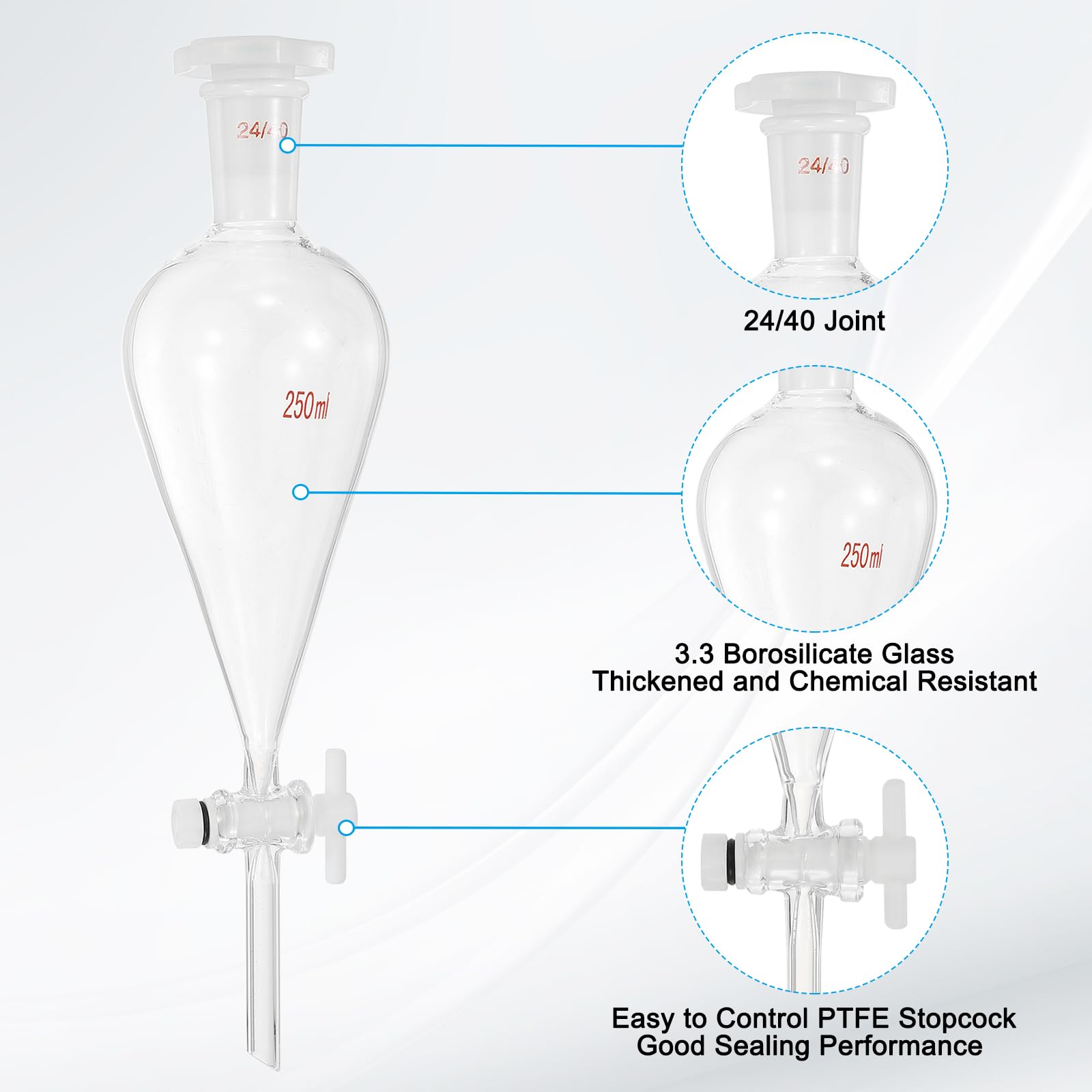 PATIKIL 250ml Imbuto Separatore Conico, Imbuto Separatore Da Laboratorio In Vetro Borosilicato Spesso Con Attacchi 24/40 E Rubinetto In PTFE Per Estrazione E Titolazione