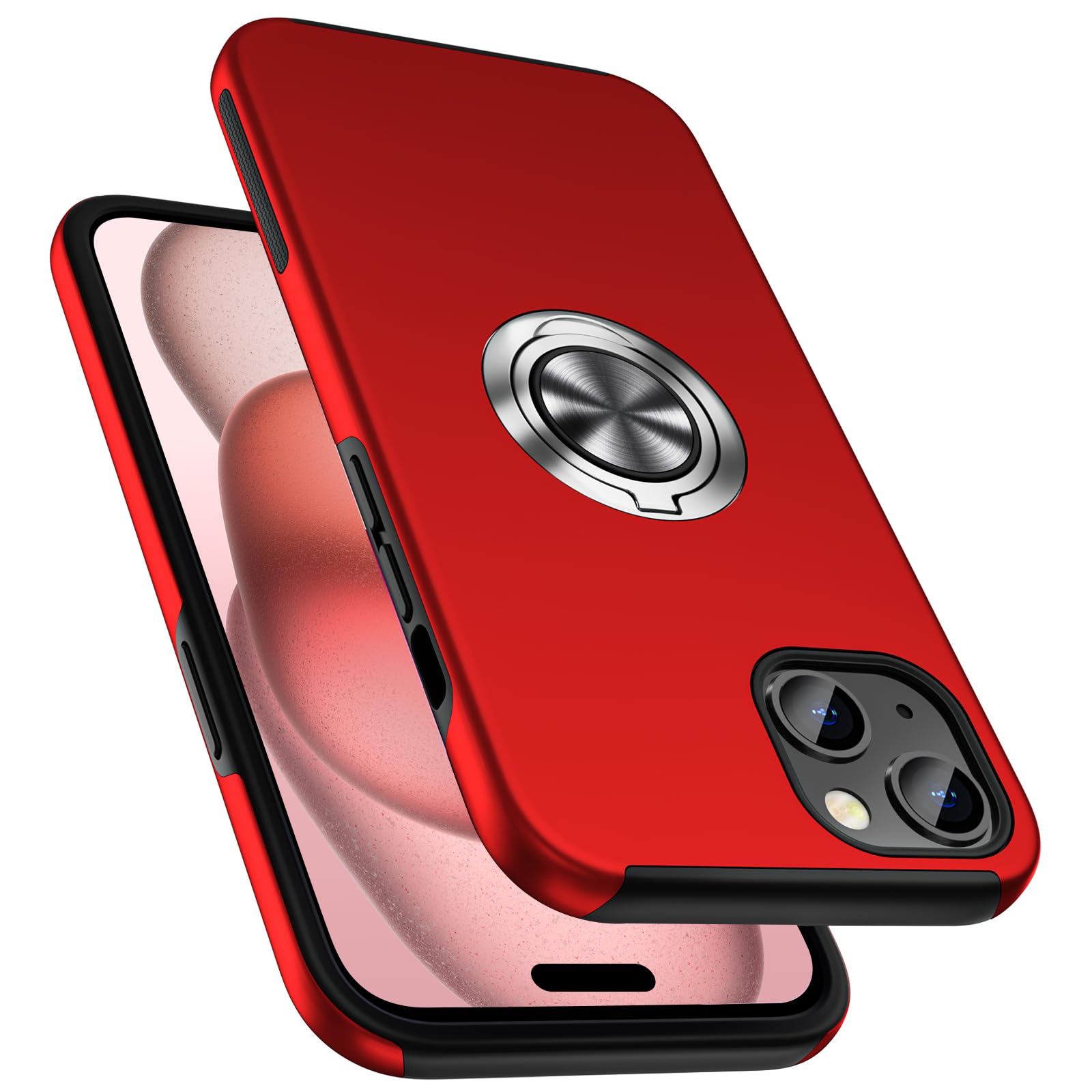 PELEPUES Shockproof Case for iPhone 15 6.1 inch, [Embedded Finger Ring] Military Grade Phone Case Cover with Reinforced Metal Stand Kickstand [Support Magnetic Car Holder] for iPhone 15, Red