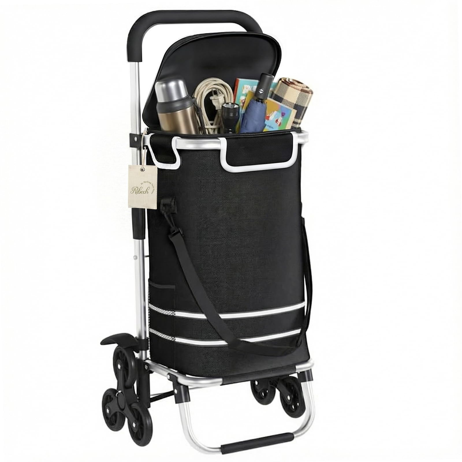 Treppensteiger Einkaufstrolley, 56L Faltbar, Wasserdicht, mit Kühlfach, Universalräder, 40kg Belastbarkeit, Schwarz