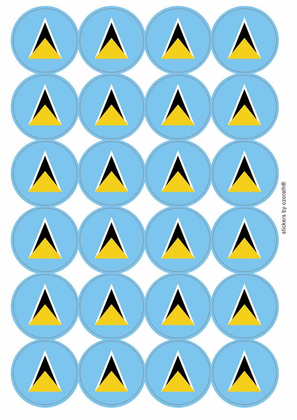 St Lucia National Flag Circular Matt Paper Stickers A4 Sheet of 24 (Each Sticker is 45mm Diameter)