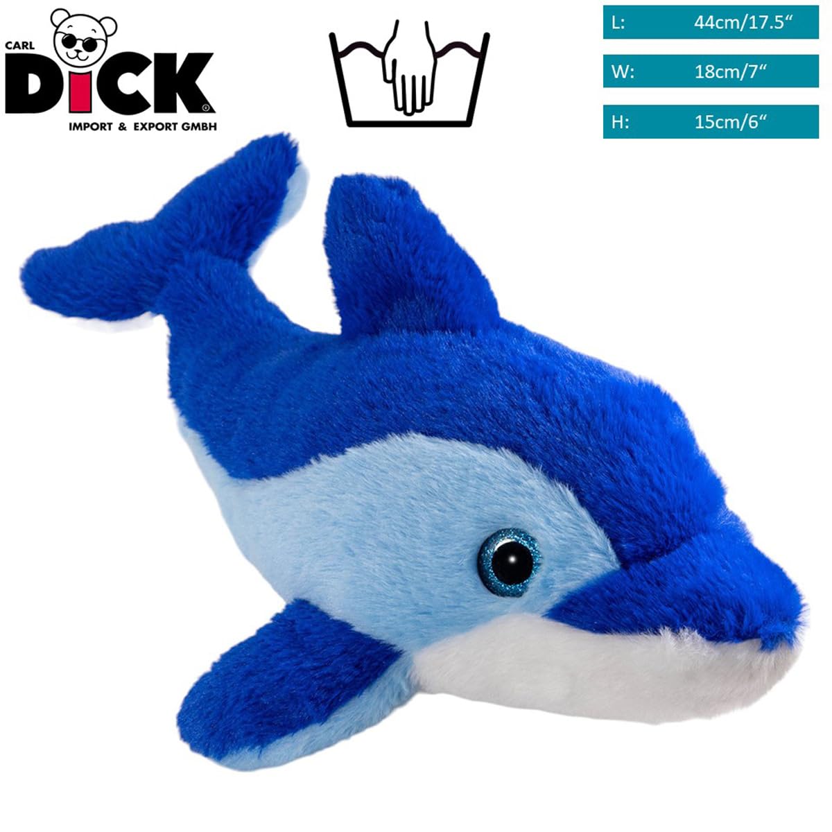 Carl Dick dolphin blue with glitter eyes, cuddly toy, soft toy, 17.5 inches, 44cm 3580, Blue-44 - Image 2