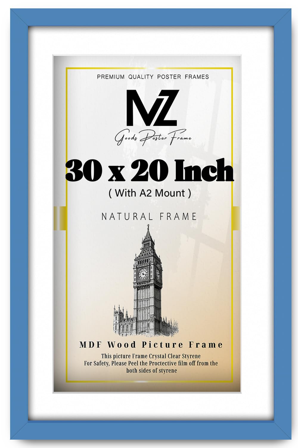 Mz Goods Blue | Mdf Decorative Picture Frame (76.2 X 50.8 Cm) With A2-(41.90 X 59.40 Cm) White Mount Modern Wall Mount | 30" X 20" Diploma, Photo, Award, Office & Home Décor [ ]