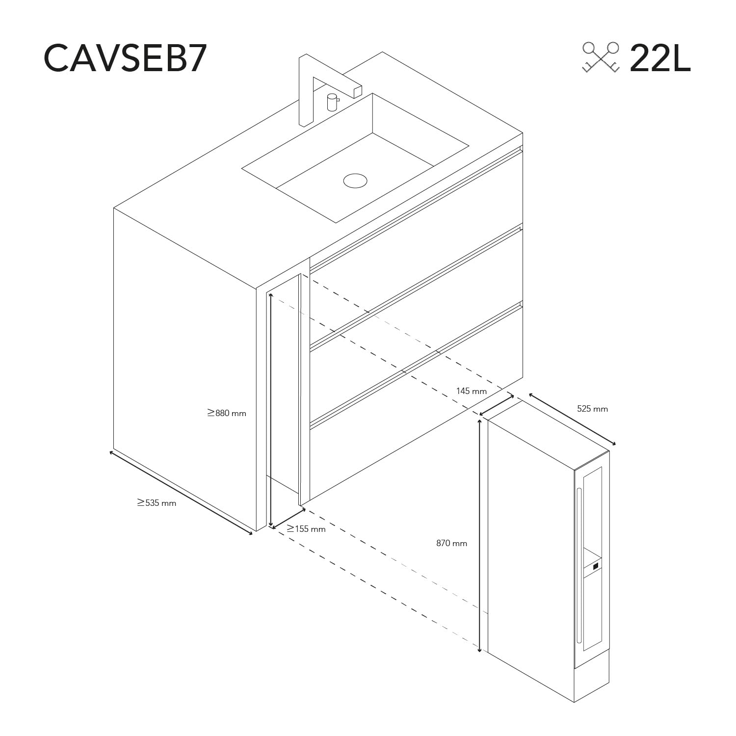 LES PETITS CHAMPS Vinoteca Empotrable 7 Botellas CAVSEB7 Black Edition, 22L, Puertas de Acero Inox, Ajuste de Temperatura de 5°C a 22°C, Sistema Termodinámico, Iluminación LED, Anti-UV, 6 estantes