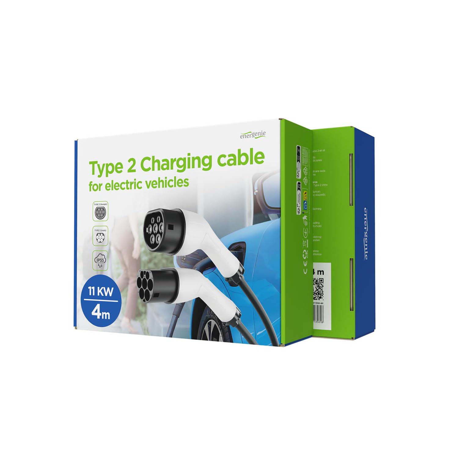 Energenie EV-Ladekabel 11 kW 16 A 3-phasig, 4 m | Mennekes Typ 2 Stecker auf Kupplung | IP67 Spritzwassergeschützt