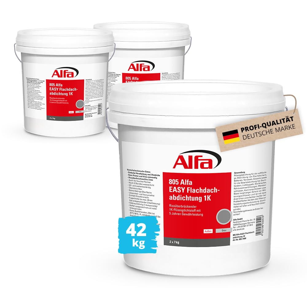 42 kg Alfa Flat Roof Sealant Easy 1K Bucket with 7 kg Bag Professional Quality in Bucket Liquid Sealant Roof & Garage Seal Patio Carport for Vertical and Horizontal Surfaces